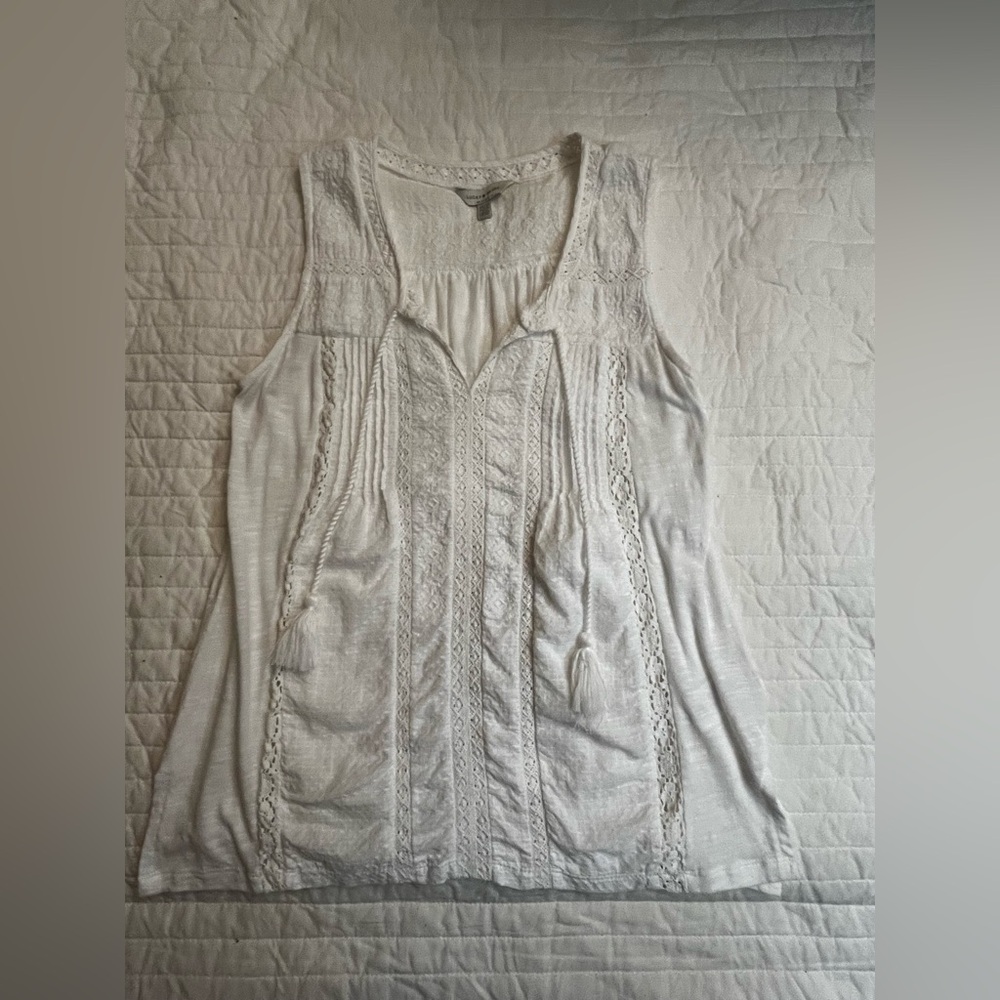Lucky Brand White Sleeveless Casual Open Lace Panels crochet Top nwot